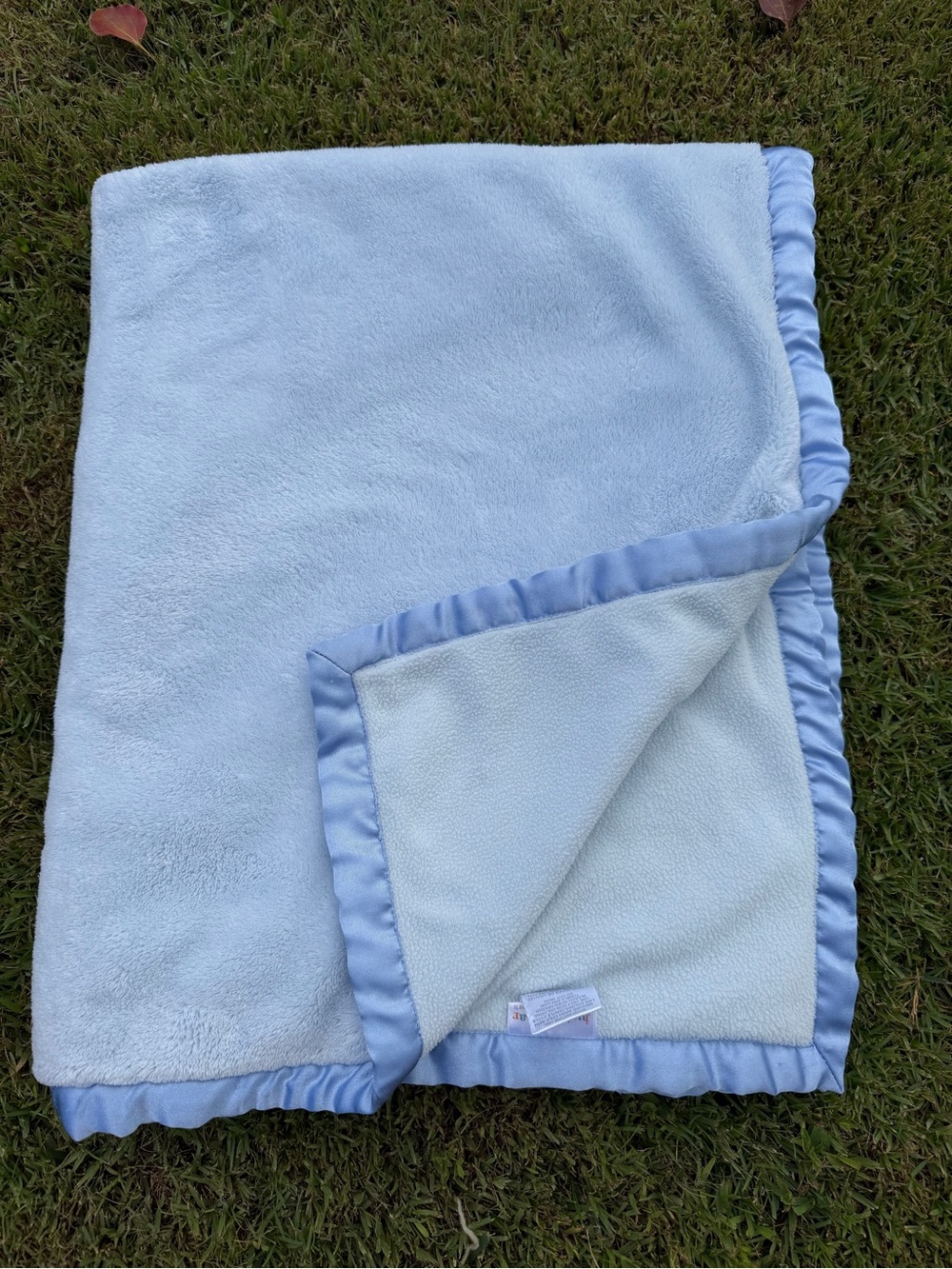 Y2K Carter’s Just One Year Plush Satin Trim Baby Blanket Solid Blue 30x37 GUC